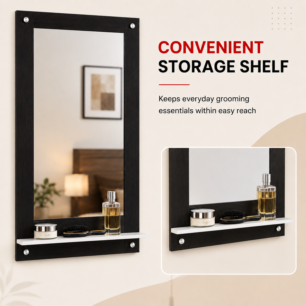 PEDPIX wall mounted dressing mirror with shelf in Venge White, view 3