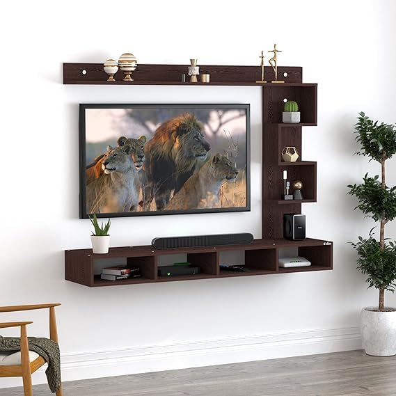 PEDPIX Entertainment Center, Wall Mounted, Engineered Wood, Brown, with Shelves