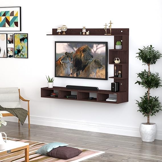 PEDPIX Entertainment Center, Wall Mounted, Engineered Wood, Brown, with Shelves