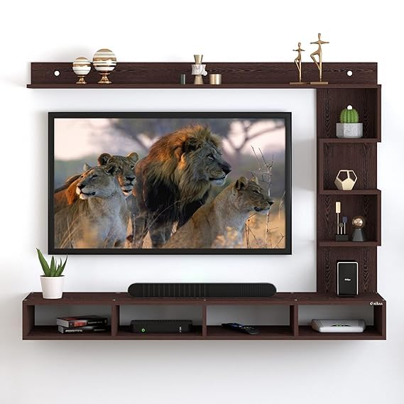 PEDPIX Entertainment Center, Wall Mounted, Engineered Wood, Brown, with Shelves