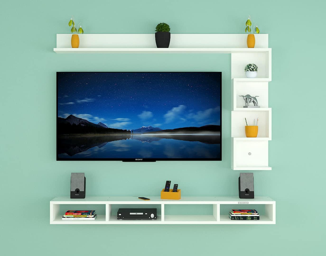 PEDPIX Modern Minimalist Wooden TV Unit Console with Sleek Design Industrial Style Wooden TV Media Stand with Black and White Color for Upto 43 INCH TV TV (EW-TU-RA-WT43)