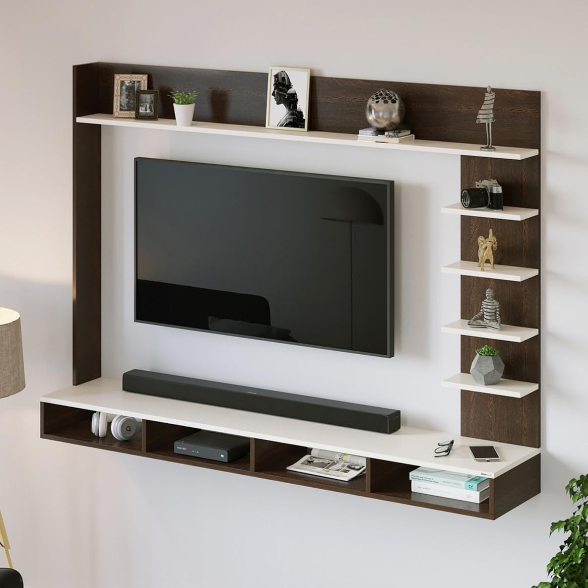 PEDPIX Primax Grande Large Engineering Wood Wall Mount TV Entertainment Unit Set Top Box Stand/TV Cabinet with Shelves for Books & Décor Display Unit Bed Living Room Upto 50" (Wenge & White)