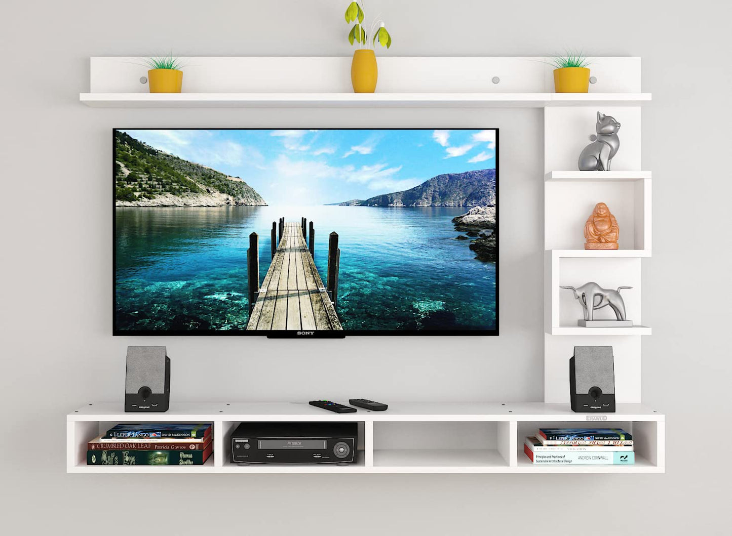 PEDPIX Modern Minimalist Wooden TV Unit Console with Sleek Design Industrial Style Wooden TV Media Stand with Black and White Color for Upto 43 INCH TV TV (EW-TU-RA-WT43)