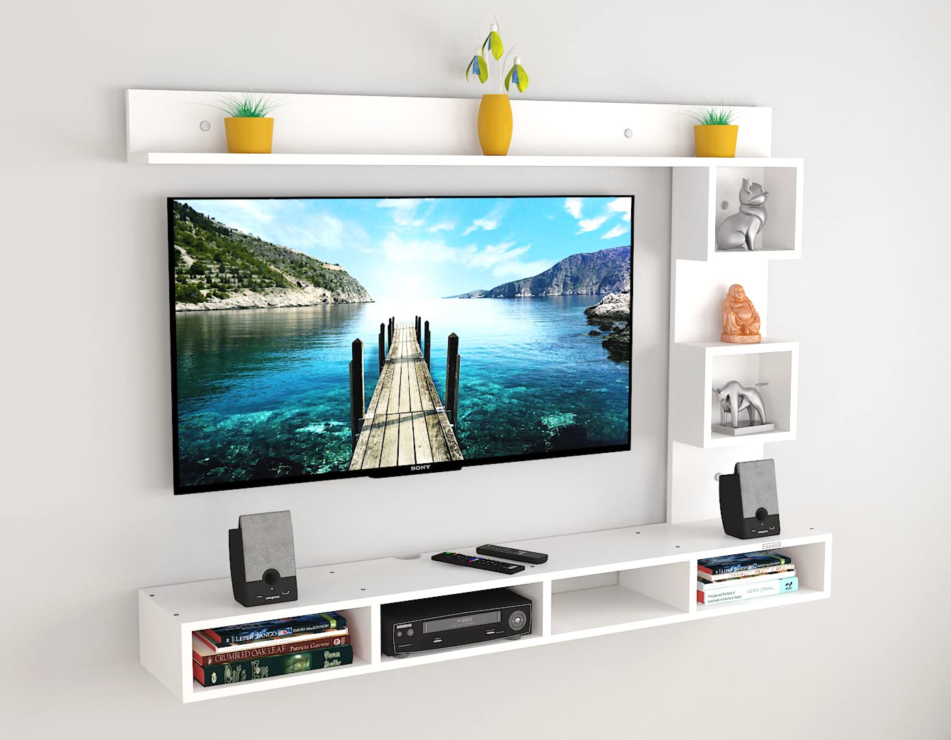 PEDPIX Modern Minimalist Wooden TV Unit Console with Sleek Design Industrial Style Wooden TV Media Stand with Black and White Color for Upto 43 INCH TV TV (EW-TU-RA-WT43)