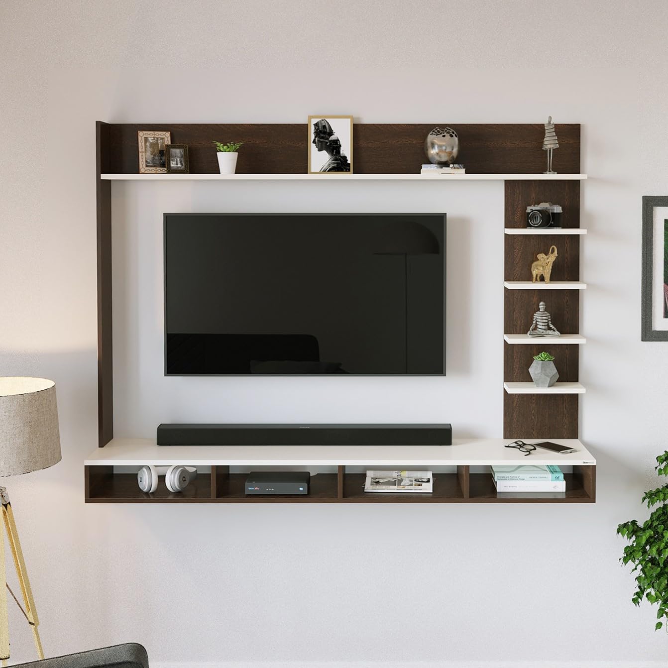 PEDPIX Primax Grande Large Engineering Wood Wall Mount TV Entertainment Unit Set Top Box Stand/TV Cabinet with Shelves for Books & Décor Display Unit Bed Living Room Upto 50" (Wenge & White)