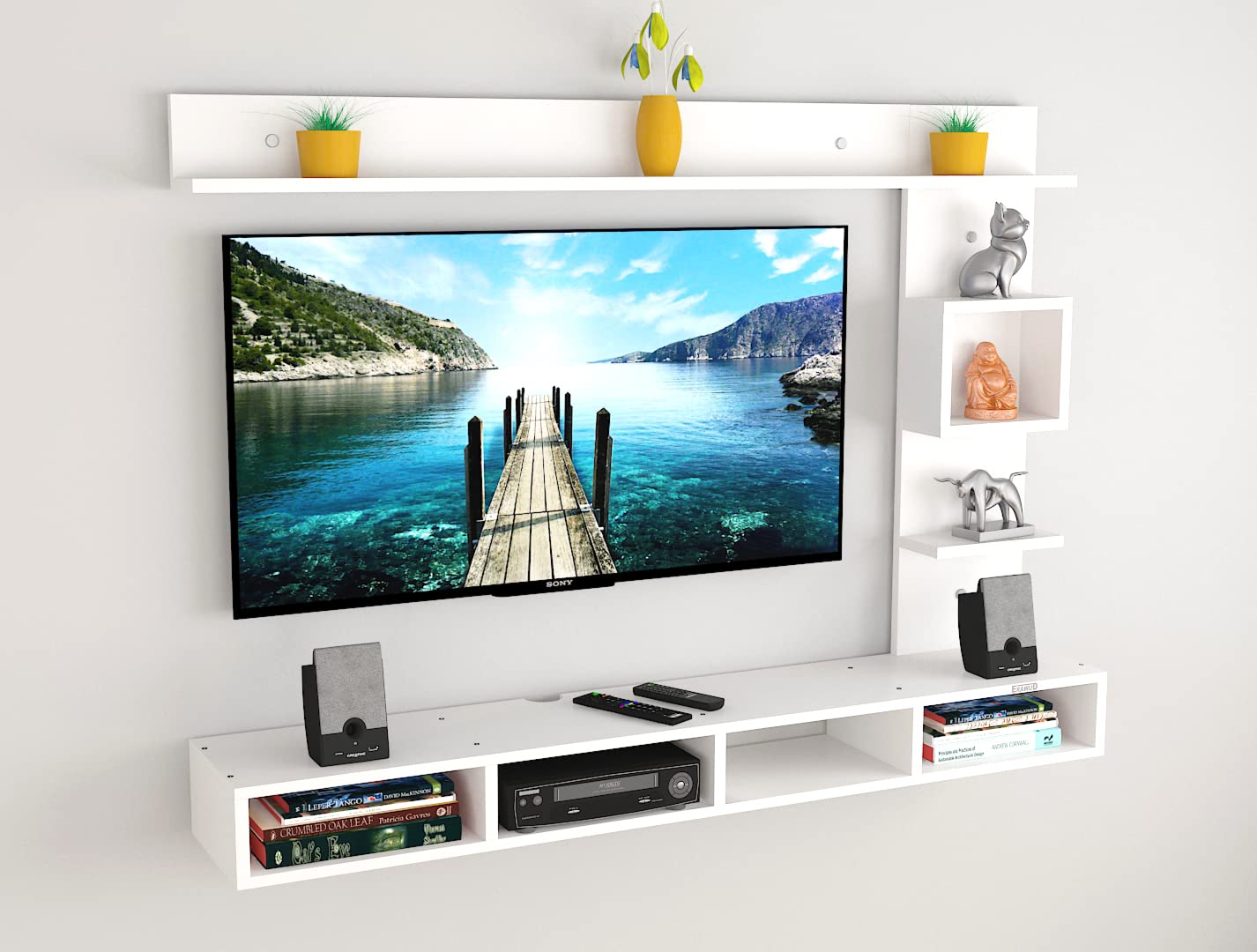 PEDPIX Modern Minimalist Wooden TV Unit Console with Sleek Design Industrial Style Wooden TV Media Stand with Black and White Color for Upto 43 INCH TV TV (EW-TU-RA-WT43)