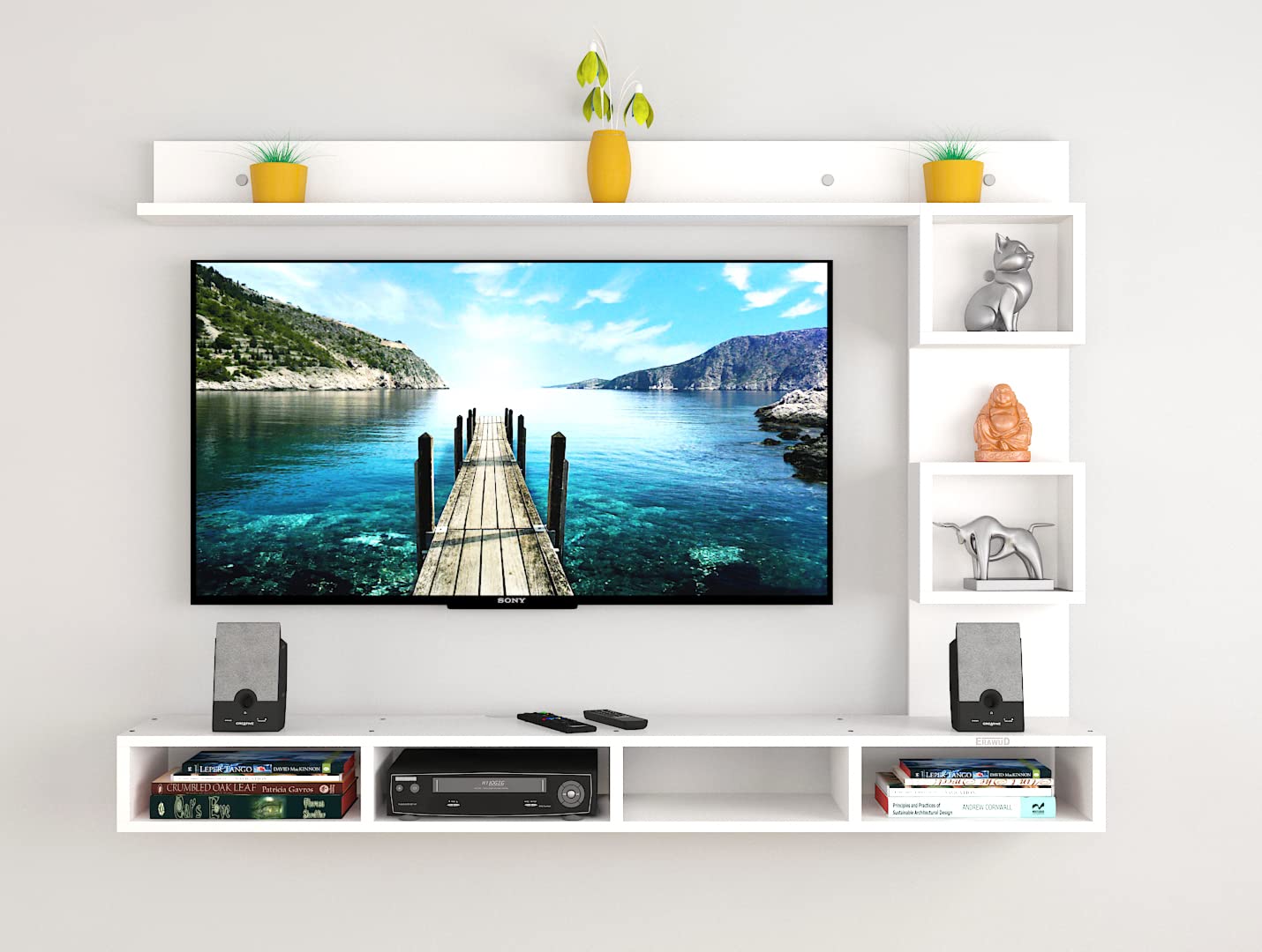 PEDPIX Modern Minimalist Wooden TV Unit Console with Sleek Design Industrial Style Wooden TV Media Stand with Black and White Color for Upto 43 INCH TV TV (EW-TU-RA-WT43)