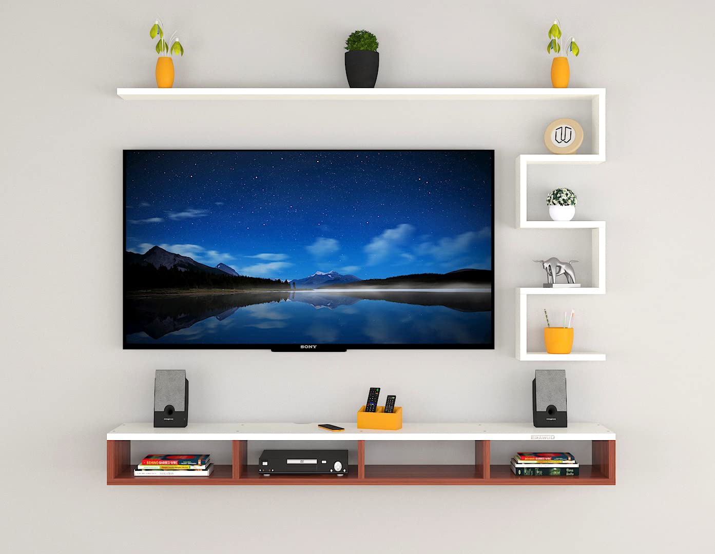 PEDPIX Modern Minimalist Wooden TV Unit Console with Sleek Design Industrial Style Wooden TV Media Stand with Black and White Color for Upto 43 INCH TV TV (EW-TU-RA-WT43)