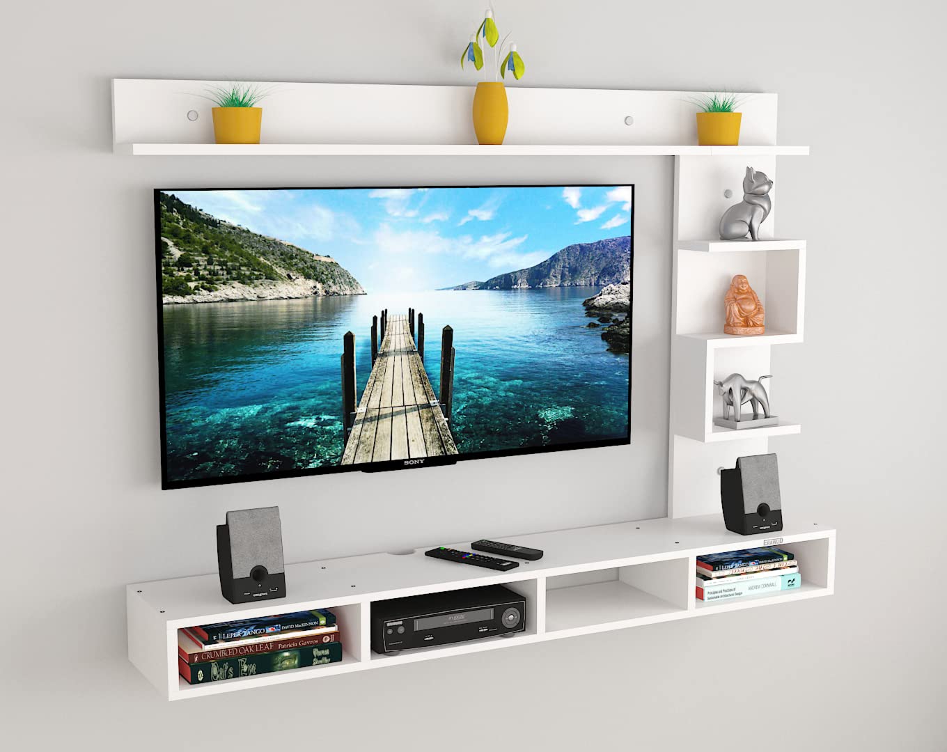 PEDPIX Modern Minimalist Wooden TV Unit Console with Sleek Design Industrial Style Wooden TV Media Stand with Black and White Color for Upto 43 INCH TV TV (EW-TU-RA-WT43)