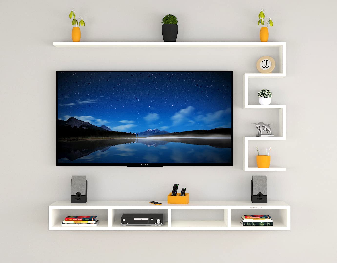 PEDPIX Modern Minimalist Wooden TV Unit Console with Sleek Design Industrial Style Wooden TV Media Stand with Black and White Color for Upto 43 INCH TV TV (EW-TU-RA-WT43)