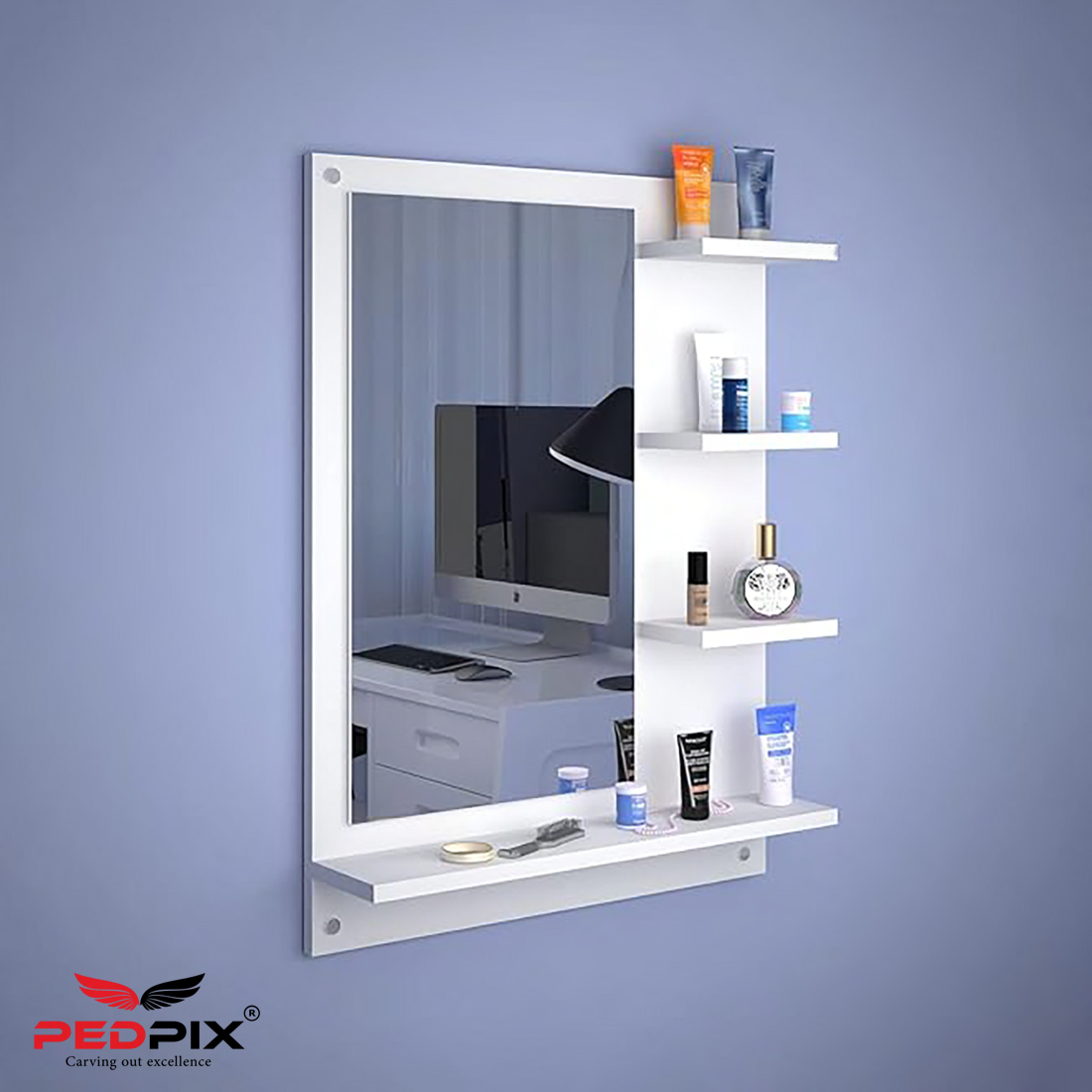 PEDPIX Wall Mirrors with Shelf: Decorative Wall Hanging Dressing Table for Bedroom and Living Room Wall Mounted Engineered Wood Dressing Table(Finish Color -, White, DIY(Do-It-Yourself))