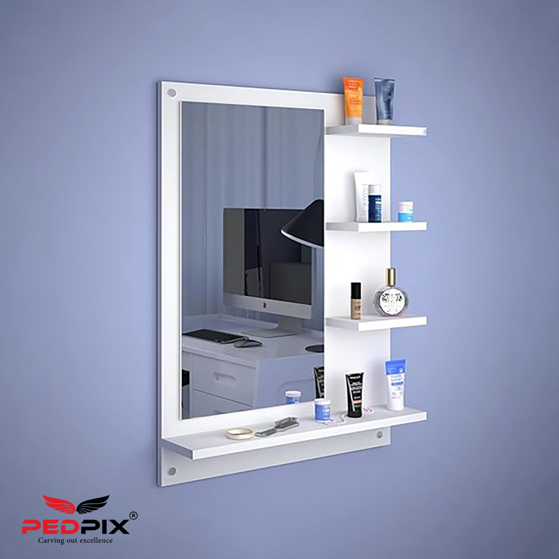 PEDPIX Wall Mirrors with Shelf: Decorative Wall Hanging Dressing Table for Bedroom and Living Room Wall Mounted Engineered Wood Dressing Table(Finish Color -, White, DIY(Do-It-Yourself))