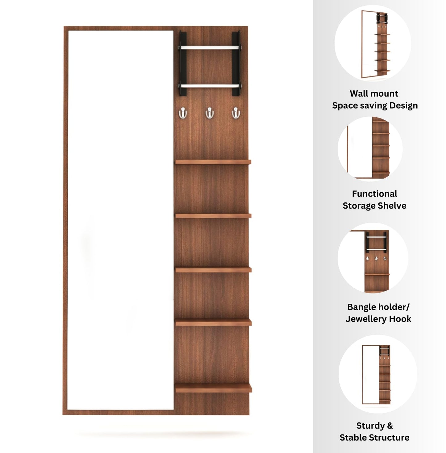 PEDPIX Engineered Wood Wall Mount Dressing Table Mirror With Shelves, Bangle Holder & Hooks (Wenge Finish) - Rectangular