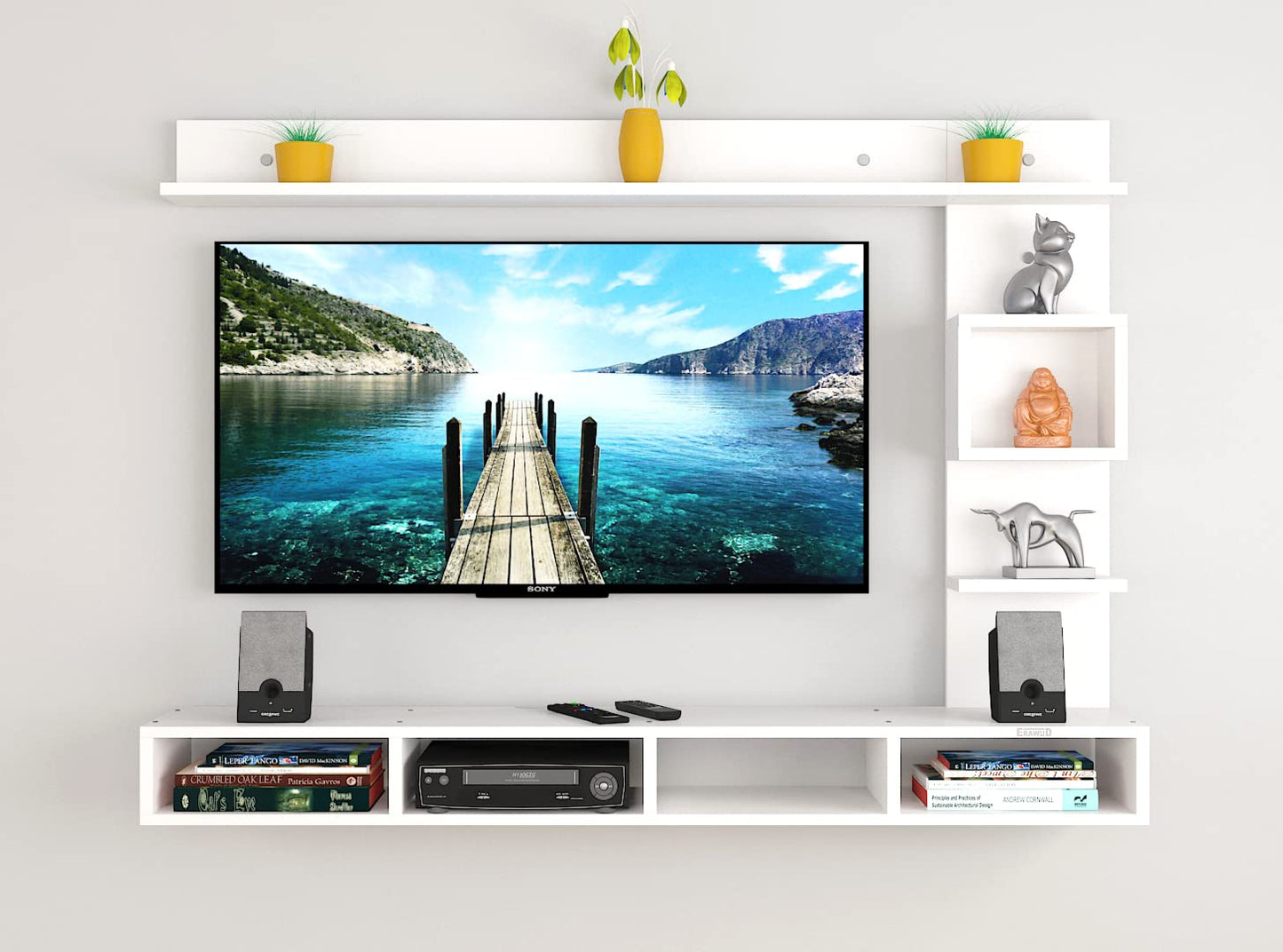 PEDPIX Modern Minimalist Wooden TV Unit Console with Sleek Design Industrial Style Wooden TV Media Stand with Black and White Color for Upto 43 INCH TV TV (EW-TU-RA-WT43)