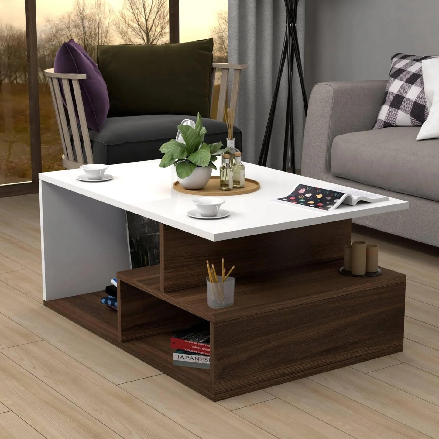 PEDPIX Wooden Coffee Table, Centre Table, Drawing Room Table, Tea Table with Multiple Shelf for Storage (DIY, MOCT-92107,White and Brown)