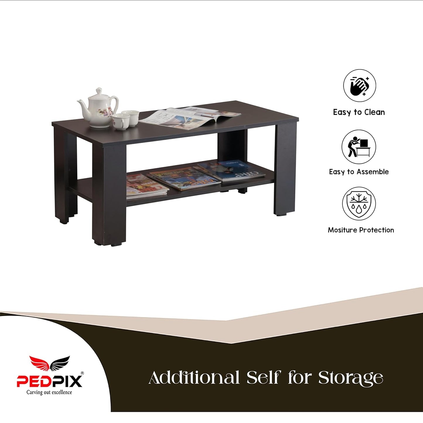 PEDPIX Engineered Wood Coffee Table with Storage Shelf, Stylish Wooden Living Room Furniture