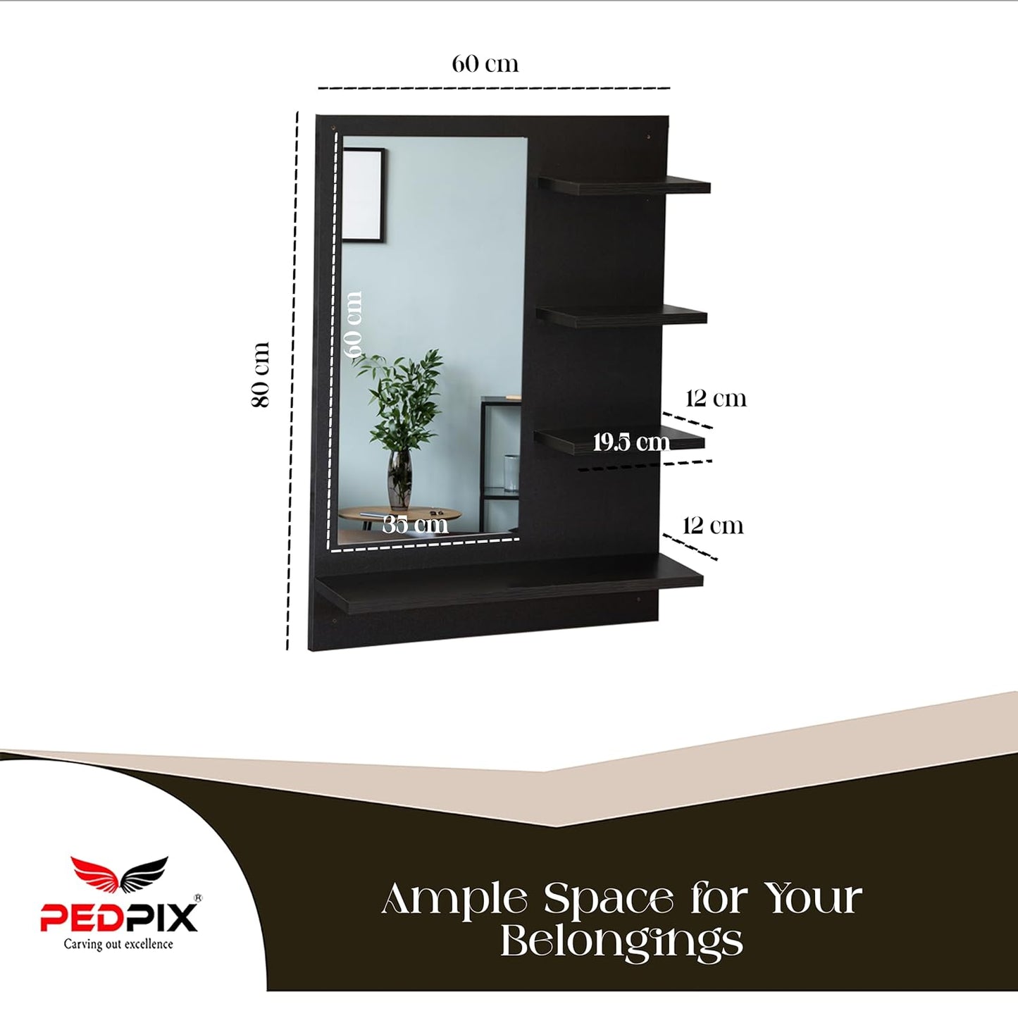 PEDPIX Wall Mirrors with Shelf: Decorative Wall Hanging Dressing Table for Bedroom and Living Room Wall Mounted Engineered Wood Dressing Table(Finish Color -, VENGE Black, DIY(Do-It-Yourself))