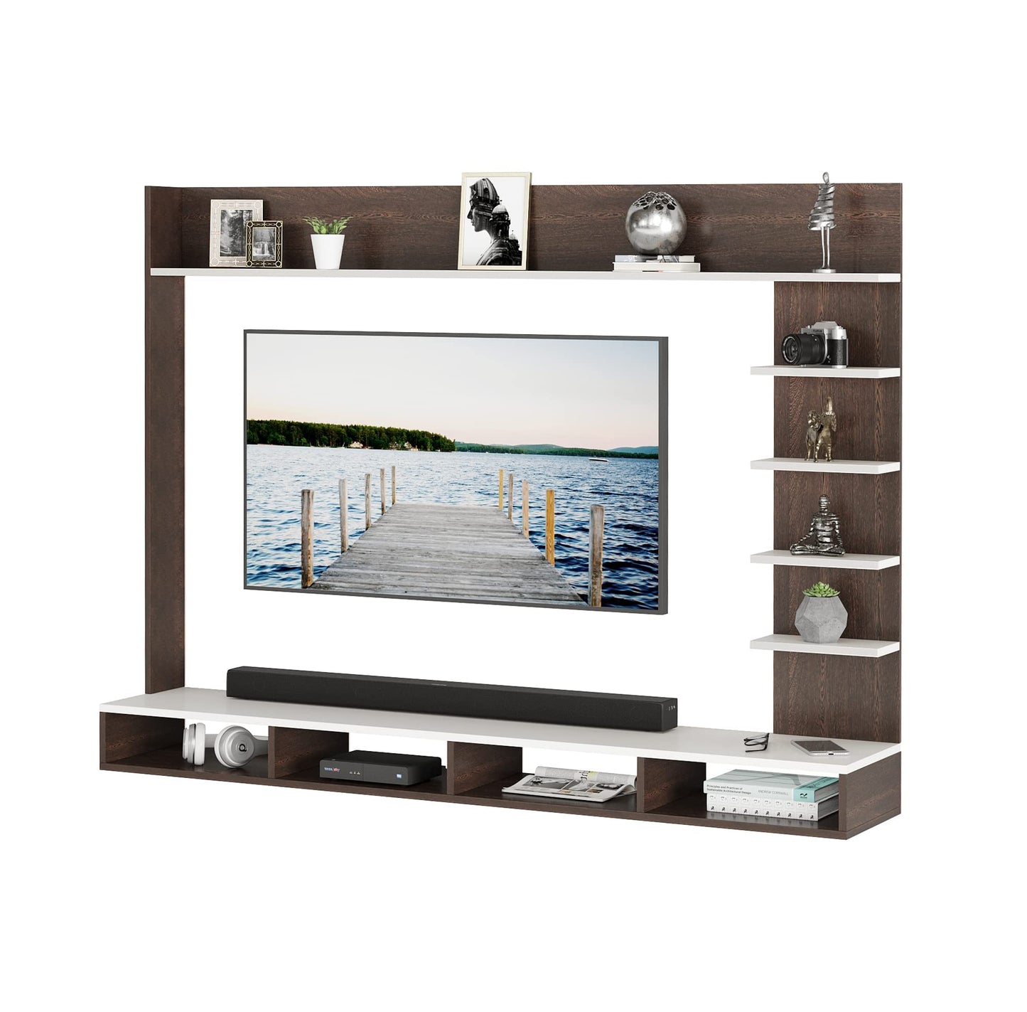 PEDPIX Primax Grande Large Engineering Wood Wall Mount TV Entertainment Unit Set Top Box Stand/TV Cabinet with Shelves for Books & Décor Display Unit Bed Living Room Upto 50" (Wenge & White)