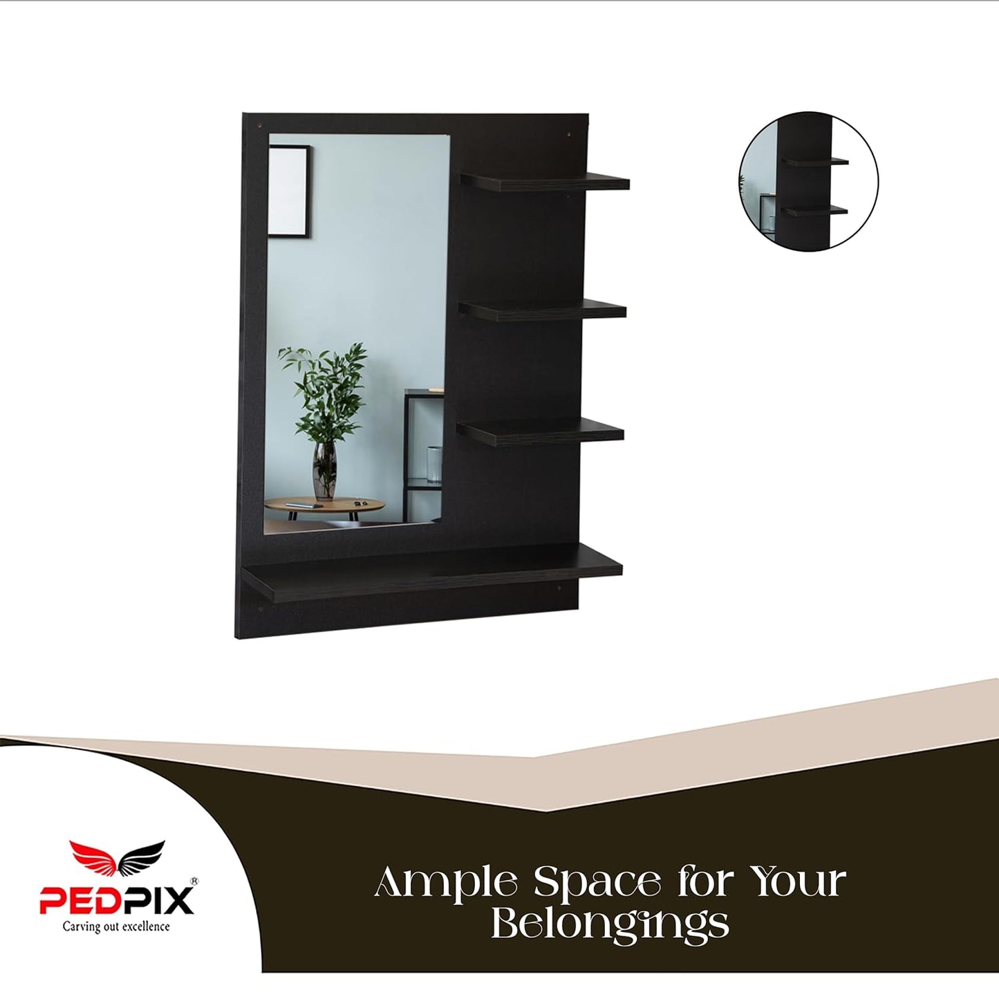 PEDPIX Wall Mirrors with Shelf: Decorative Wall Hanging Dressing Table for Bedroom and Living Room Wall Mounted Engineered Wood Dressing Table(Finish Color -, VENGE Black, DIY(Do-It-Yourself))