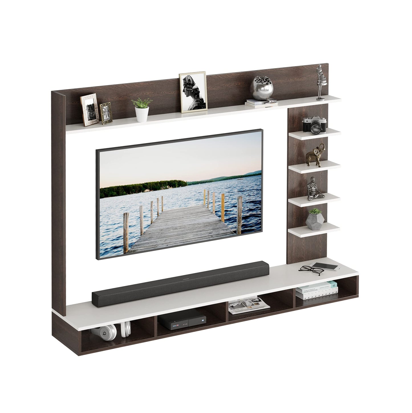 PEDPIX Primax Grande Large Engineering Wood Wall Mount TV Entertainment Unit Set Top Box Stand/TV Cabinet with Shelves for Books & Décor Display Unit Bed Living Room Upto 50" (Wenge & White)