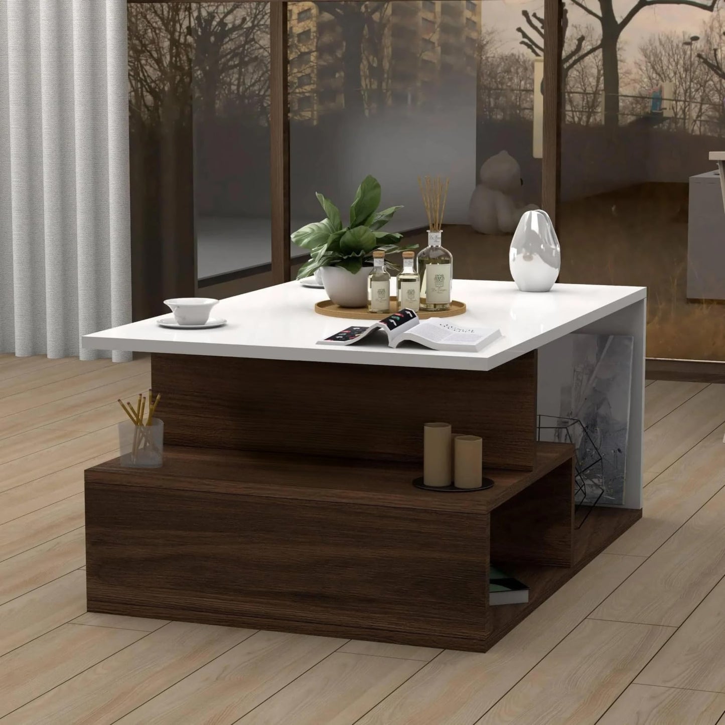 PEDPIX Wooden Coffee Table, Centre Table, Drawing Room Table, Tea Table with Multiple Shelf for Storage (DIY, MOCT-92107,White and Brown)