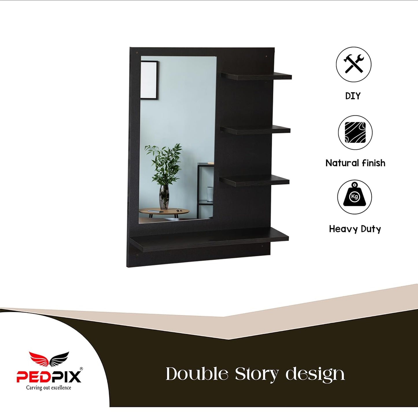 PEDPIX Wall Mirrors with Shelf: Decorative Wall Hanging Dressing Table for Bedroom and Living Room Wall Mounted Engineered Wood Dressing Table(Finish Color -, VENGE Black, DIY(Do-It-Yourself))