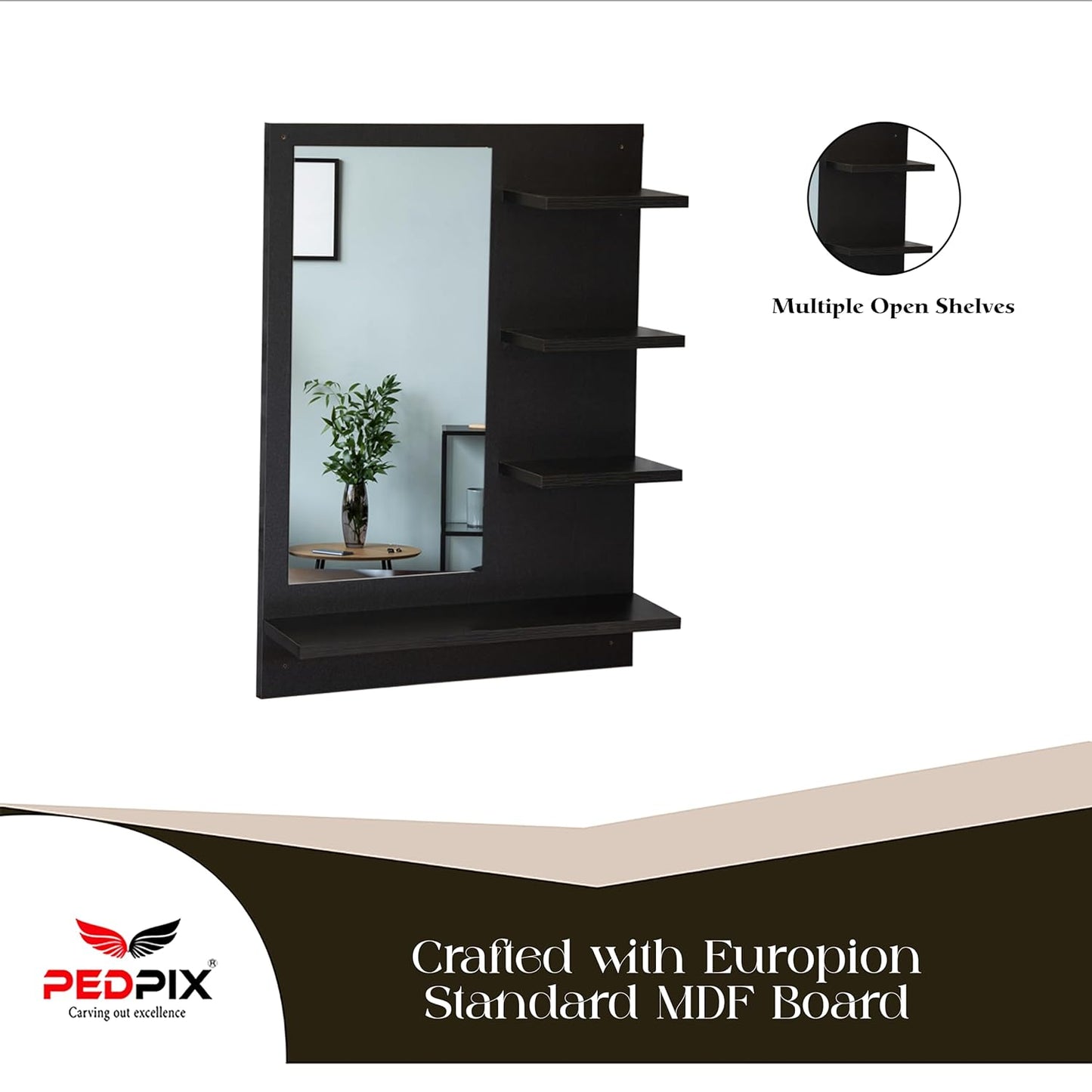 PEDPIX Wall Mirrors with Shelf: Decorative Wall Hanging Dressing Table for Bedroom and Living Room Wall Mounted Engineered Wood Dressing Table(Finish Color -, VENGE Black, DIY(Do-It-Yourself))