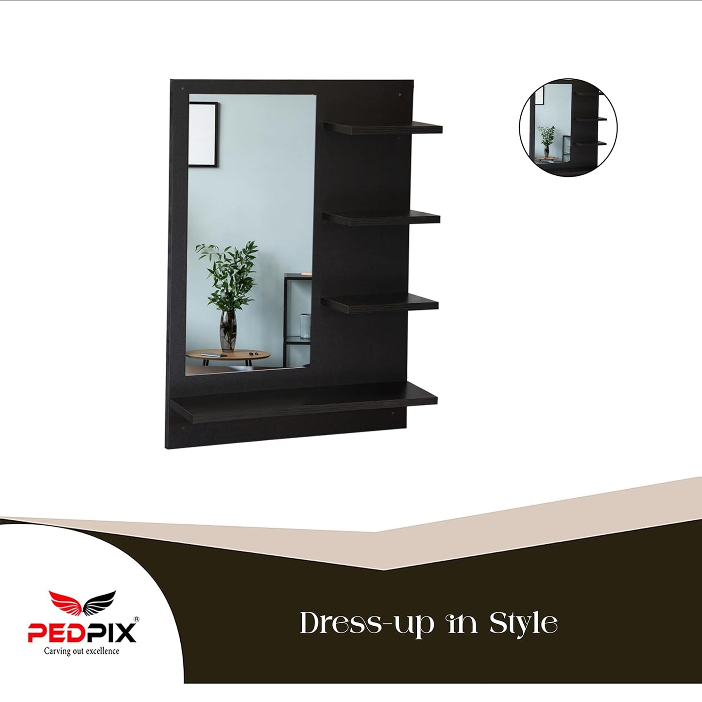 PEDPIX Wall Mirrors with Shelf: Decorative Wall Hanging Dressing Table for Bedroom and Living Room Wall Mounted Engineered Wood Dressing Table(Finish Color -, VENGE Black, DIY(Do-It-Yourself))