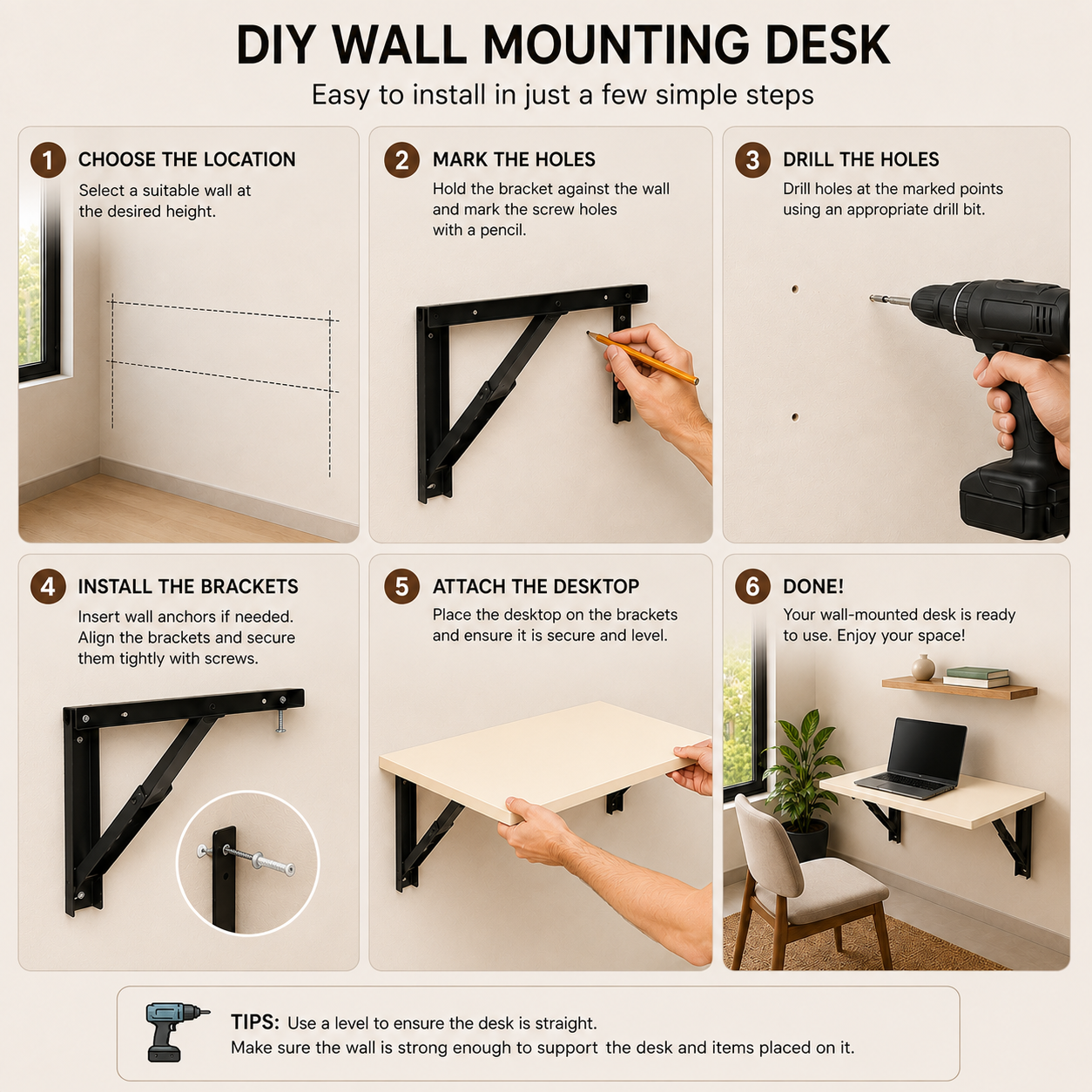 PEDPIX Wall Mounted Folding Table | Cream | Foldable Space-Saving Wall Desk | 60 × 40 cm