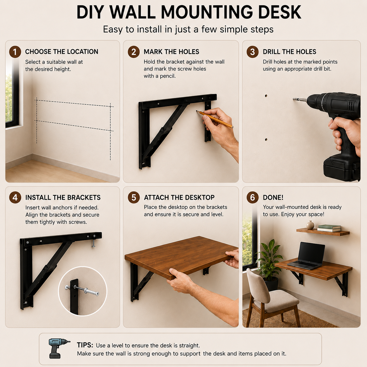 PEDPIX Wall-Mounted Folding Table | Space-Saving Foldable Wall Desk | 60 × 40 cm – Teak