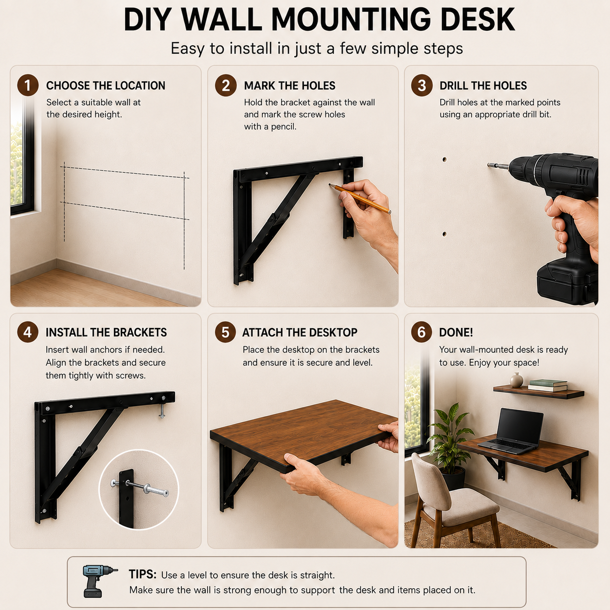 PEDPIX Wall Mounted Folding Table for Home & Office | Foldable Wall Desk | Engineered Wood | Space Saving | 60 x 40 cm | Teak Venge