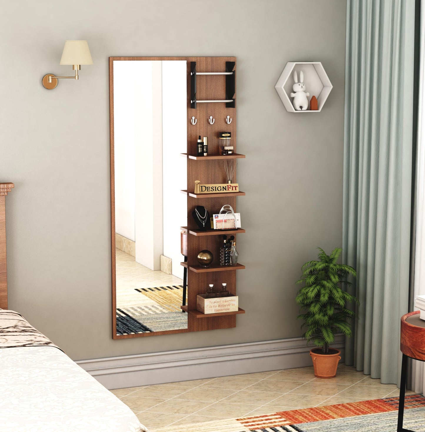 PEDPIX Engineered Wood Wall Mount Dressing Table Mirror With Shelves, Bangle Holder & Hooks (Wenge Finish) - Rectangular