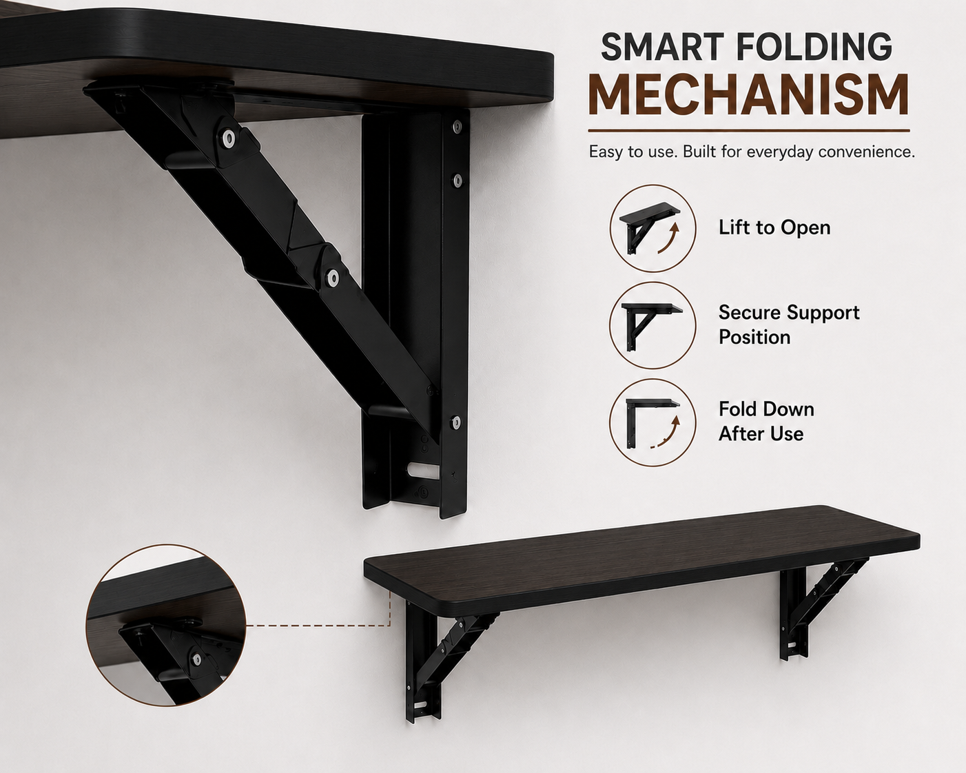 PEDPIX® Wall Mounted Folding Table | 80 × 40 cm | Coffee Venge | Space-Saving Foldable Wall Desk