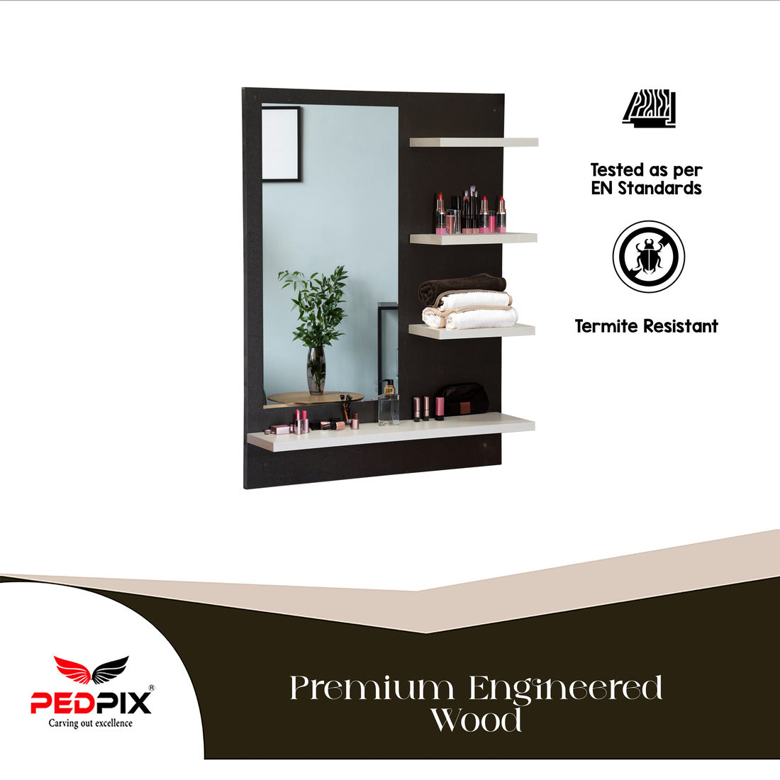 PEDPIX Wall Mirrors with Shelf: Decorative Wall Hanging Dressing Table for Bedroom and Living Room Wall Mounted Engineered Wood Dressing Table(Finish Color -, VENGE White, DIY(Do-It-Yourself))
