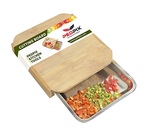 PedpixTM Wooden Chopping Board Set with Container Steel Tray Removable Drawer for Kitchen, Easy for Waste Removal & Food Prep, Kitchen Cutting Board for Fruits, Vegetables and Meat, Easy to Clean