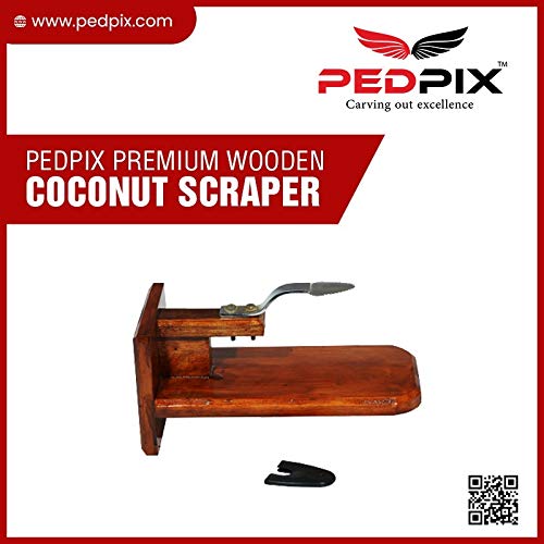 PEDPIX TM Polished Wooden Coconut Scraper with Stainless Steel Head for Kitchen Tabletop - Place on Any Type of Kitchen Top - Brown Wooden Coconut Grater Made with Natural Wood (32x14x16 Inches)