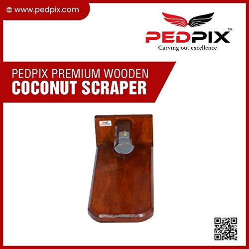 PEDPIX TM Polished Wooden Coconut Scraper with Stainless Steel Head for Kitchen Tabletop - Place on Any Type of Kitchen Top - Brown Wooden Coconut Grater Made with Natural Wood (32x14x16 Inches)