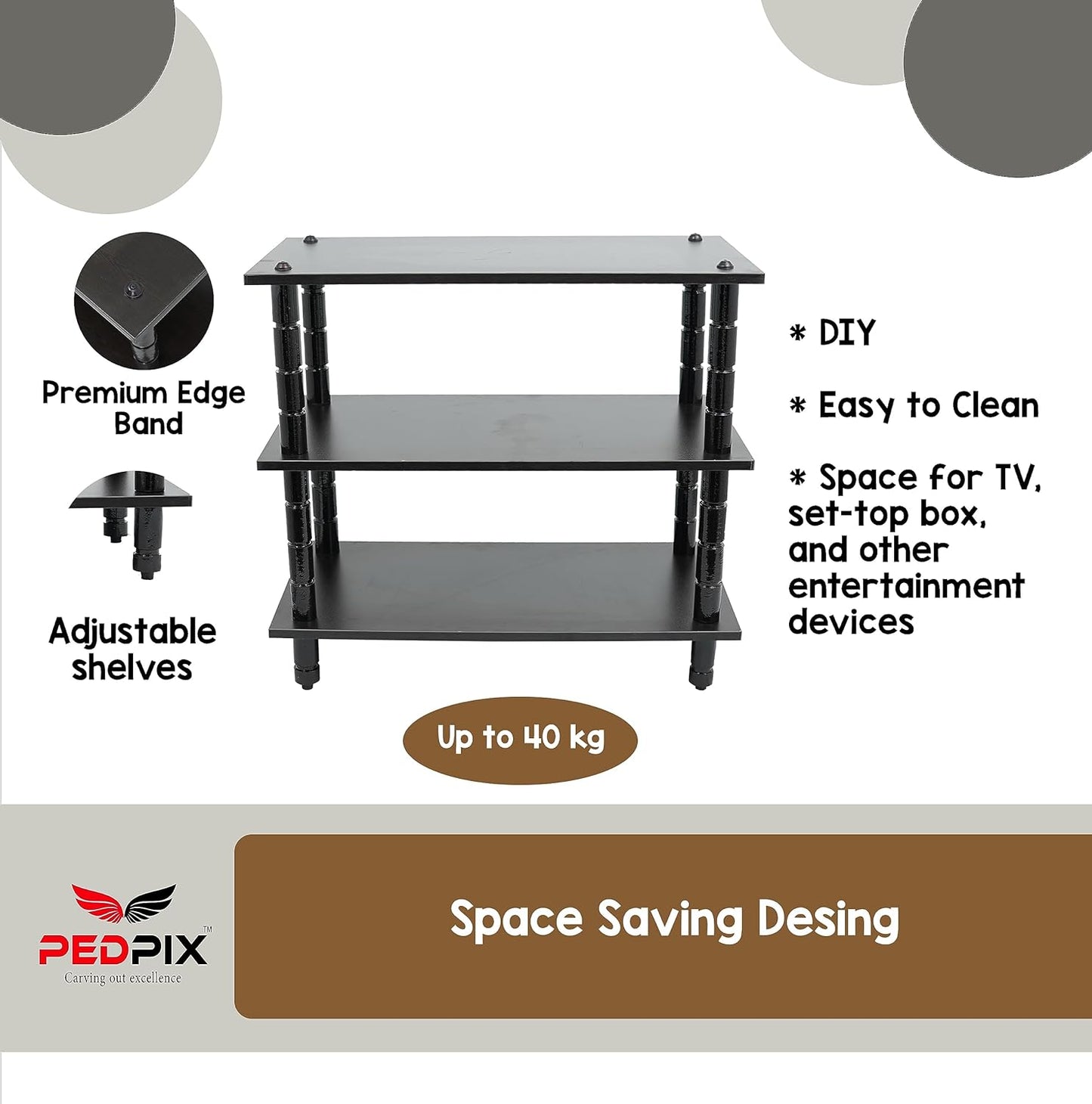 PEDPIX Solid Wood TV Stand | TV Entertainment Unit | TV Cabinet with Racks for Set Top Box & Decorative Objects, Black (2 Shelves Multipurpose Storage, 46X70X64)