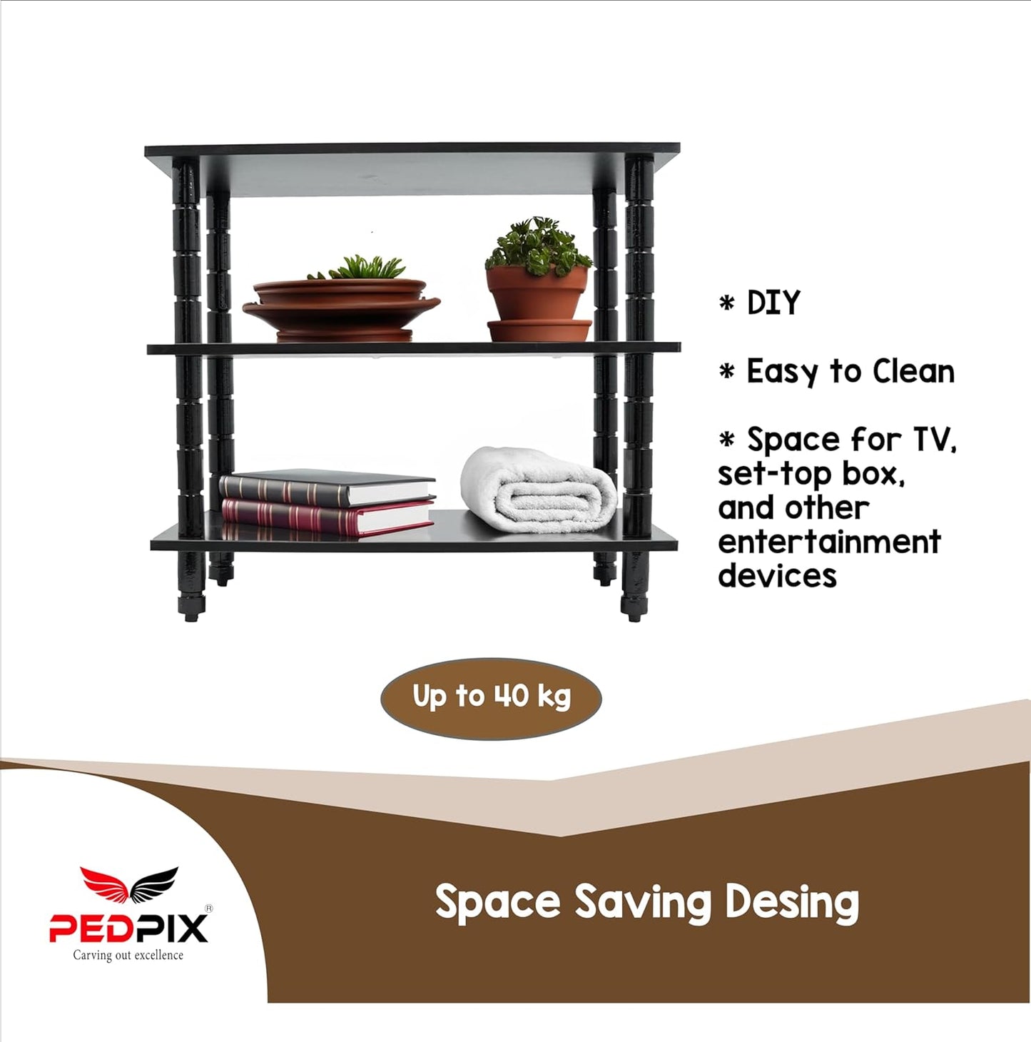 PEDPIX Solid Wood TV Stand | TV Entertainment Unit | TV Cabinet with Racks for Set Top Box & Decorative Objects, Black (2 Shelves Multipurpose Storage, 46X70X64)
