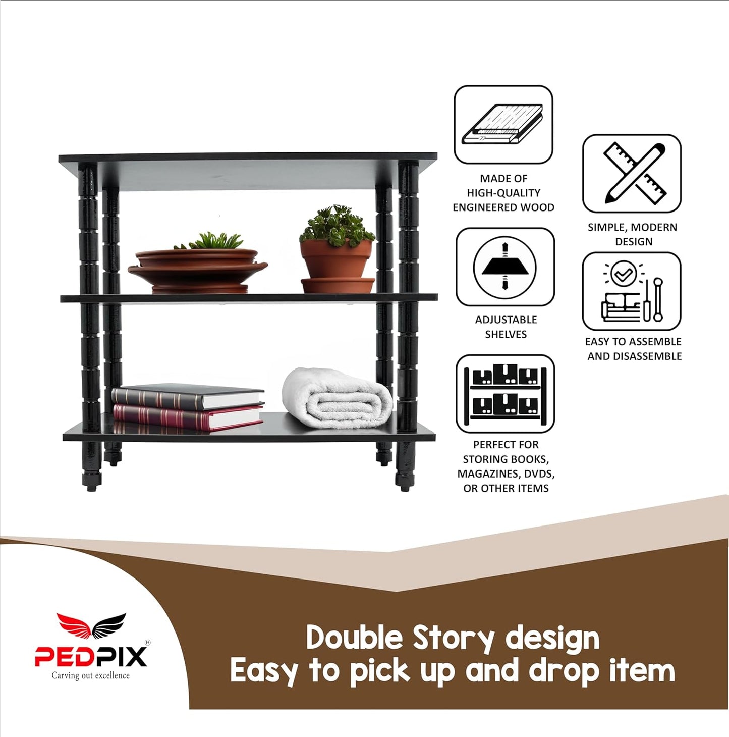 PEDPIX Solid Wood TV Stand | TV Entertainment Unit | TV Cabinet with Racks for Set Top Box & Decorative Objects, Black (2 Shelves Multipurpose Storage, 46X70X64)