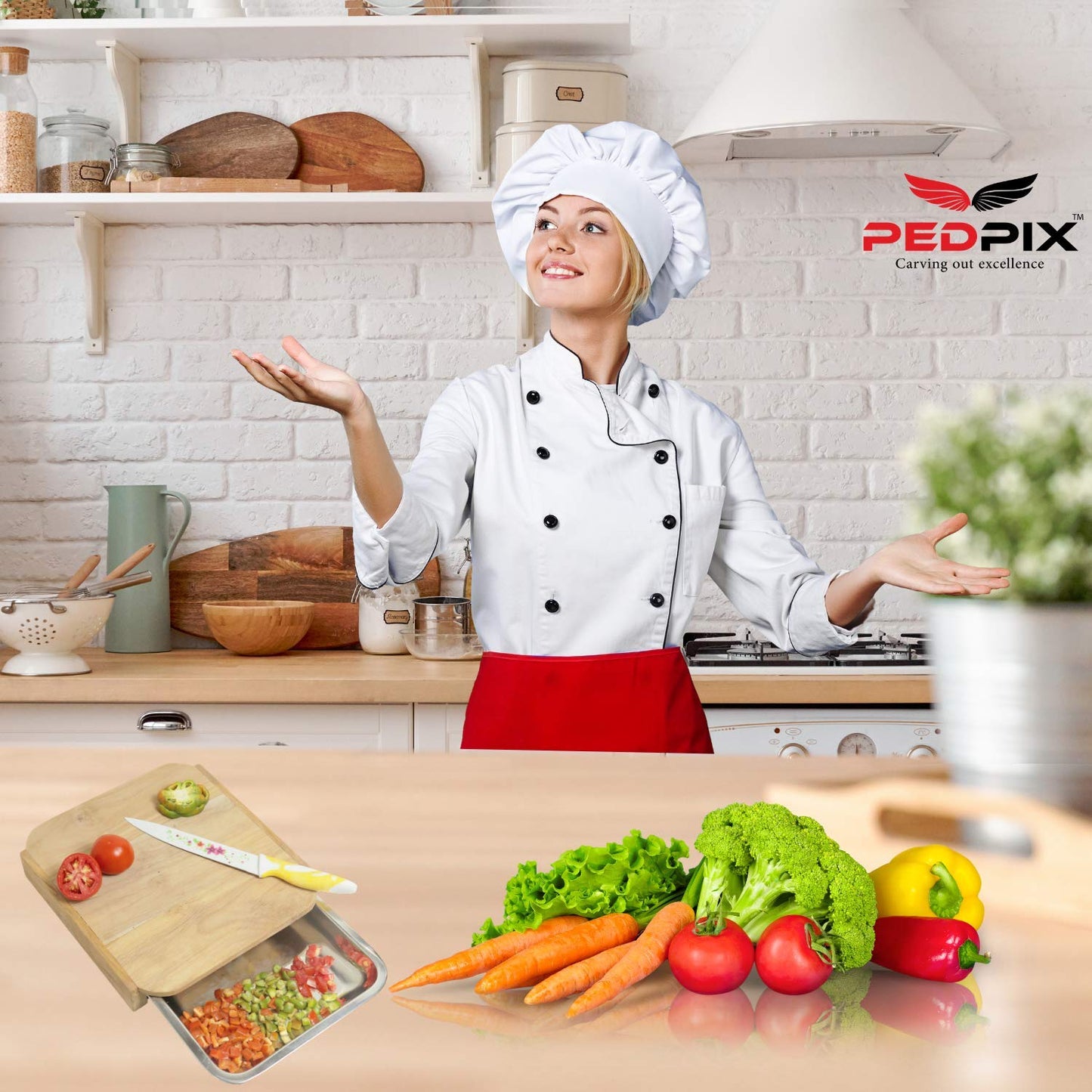 PedpixTM Wooden Chopping Board Set with Container Steel Tray Removable Drawer for Kitchen, Easy for Waste Removal & Food Prep, Kitchen Cutting Board for Fruits, Vegetables and Meat, Easy to Clean