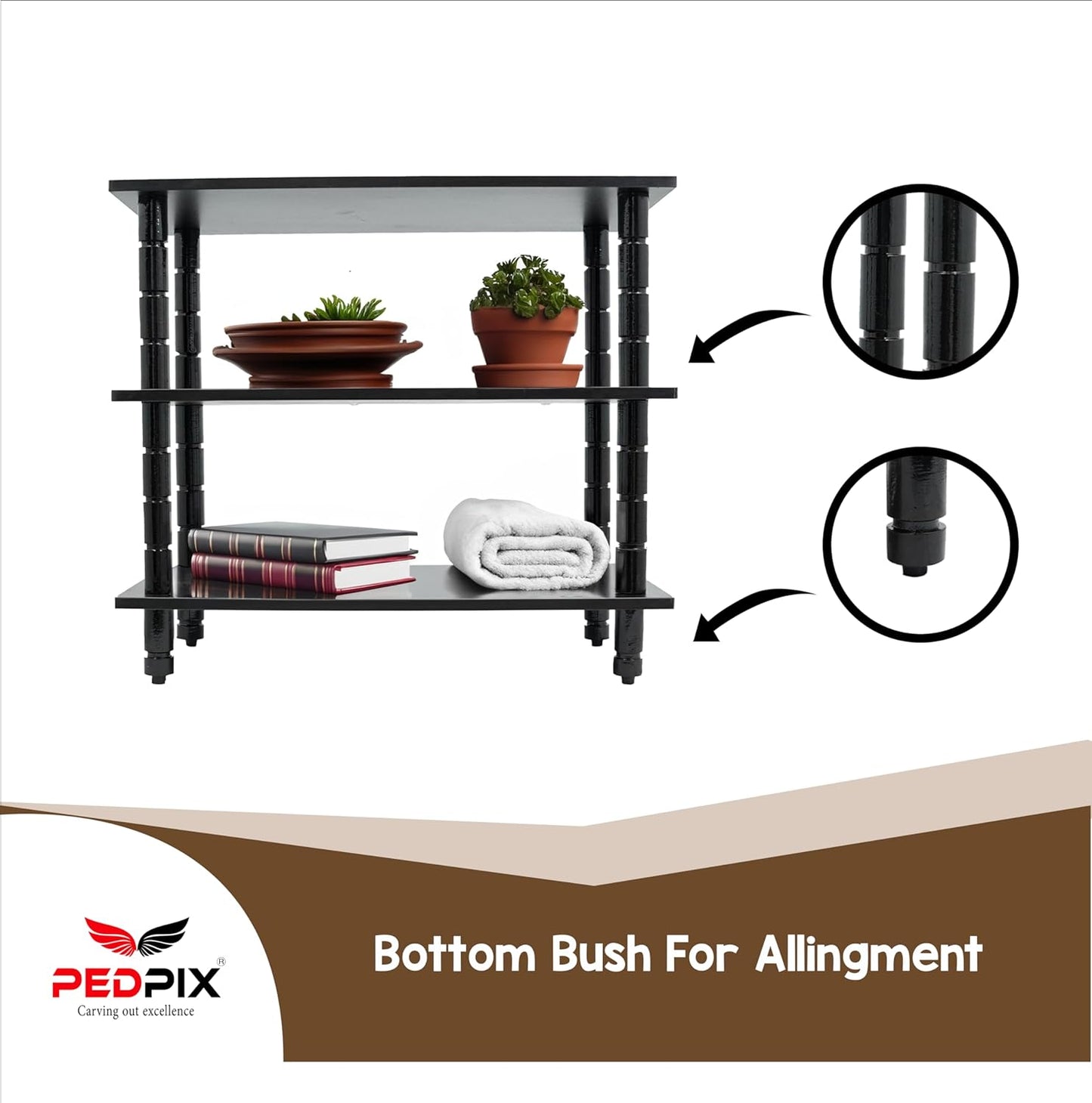 PEDPIX Solid Wood TV Stand | TV Entertainment Unit | TV Cabinet with Racks for Set Top Box & Decorative Objects, Black (2 Shelves Multipurpose Storage, 46X70X64)