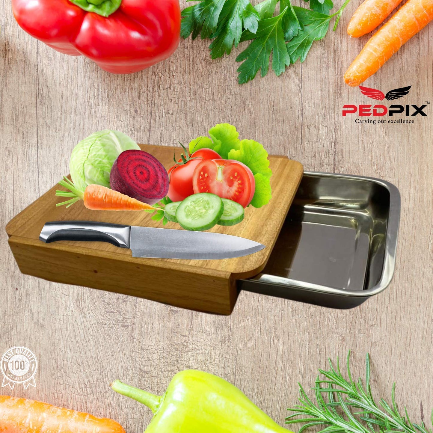 PedpixTM Wooden Chopping Board Set with Container Steel Tray Removable Drawer for Kitchen, Easy for Waste Removal & Food Prep, Kitchen Cutting Board for Fruits, Vegetables and Meat, Easy to Clean