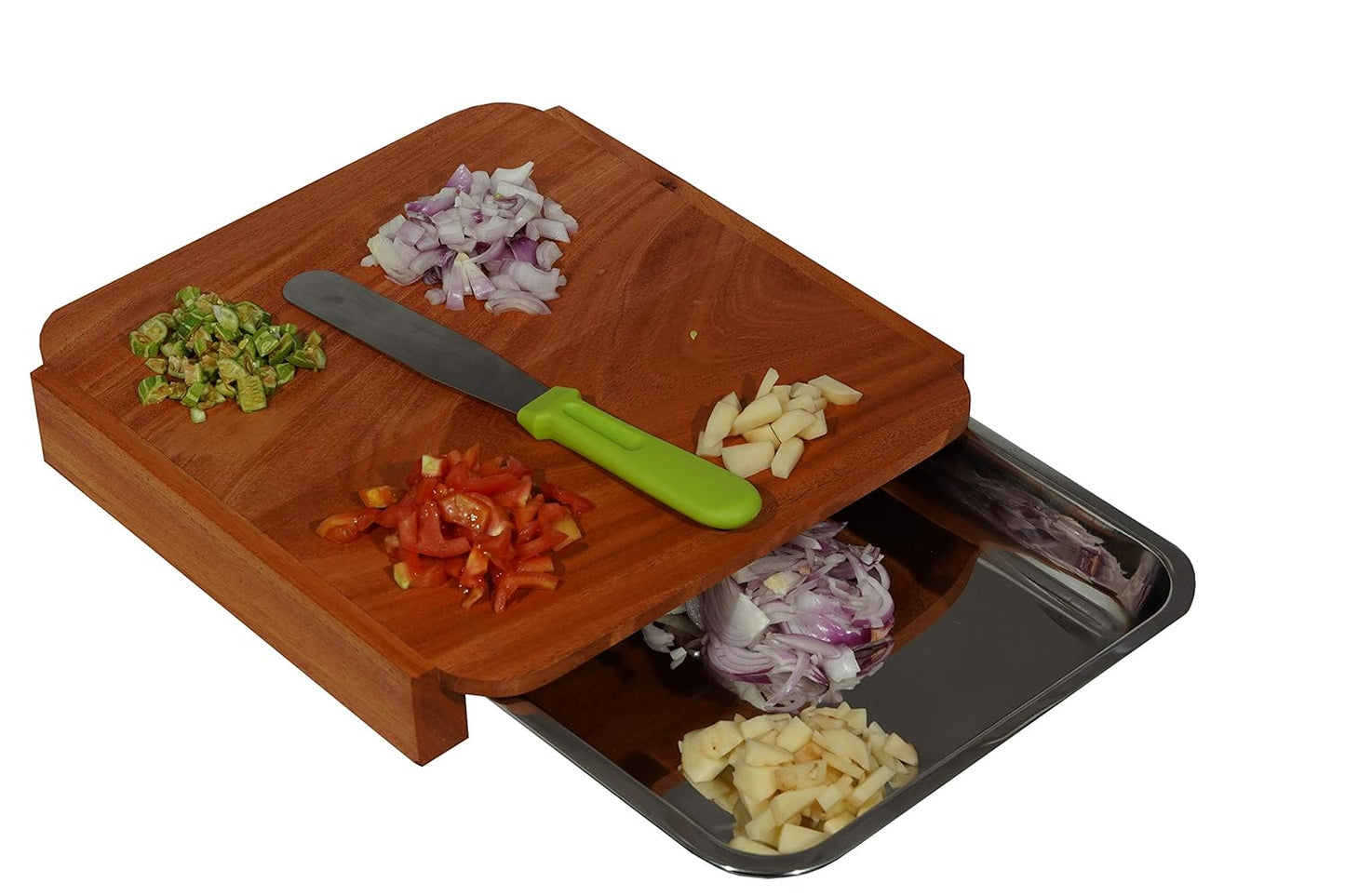PedpixTM Wooden Chopping Board Set with Container Steel Tray Removable Drawer for Kitchen, Easy for Waste Removal & Food Prep, Kitchen Cutting Board for Fruits, Vegetables and Meat, Easy to Clean