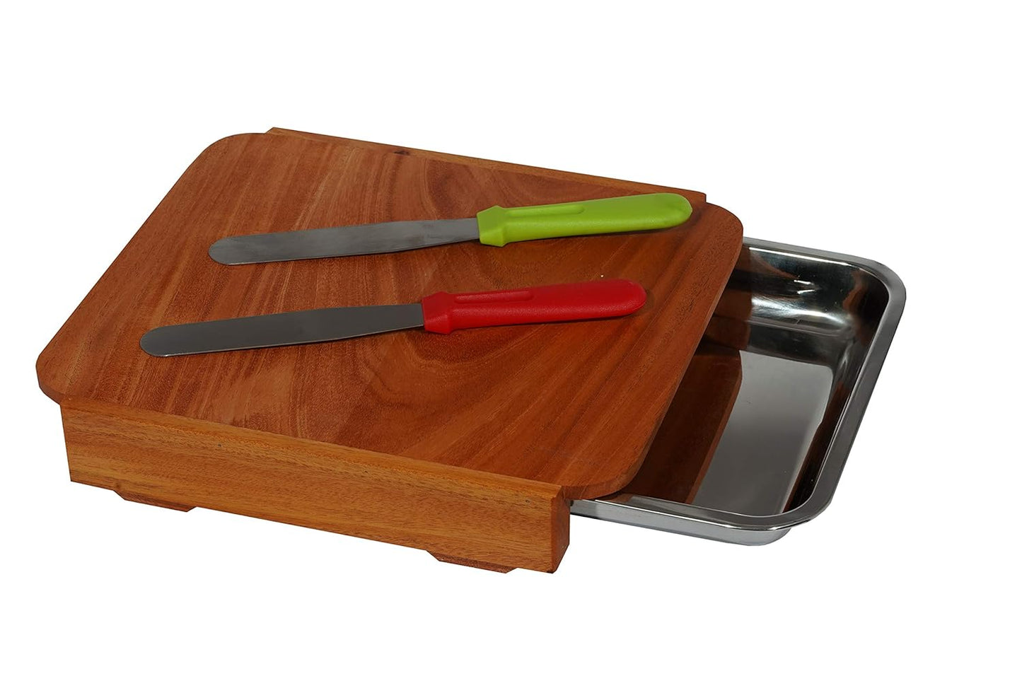 PedpixTM Wooden Chopping Board Set with Container Steel Tray Removable Drawer for Kitchen, Easy for Waste Removal & Food Prep, Kitchen Cutting Board for Fruits, Vegetables and Meat, Easy to Clean