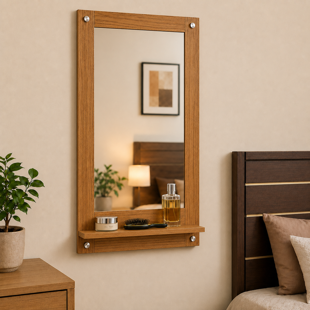 PEDPIX Wall Mounted Dressing Mirror with Storage Shelf | Wooden Bathroom & Bedroom Vanity Mirror | Engineered Wood | 72 x 40 cm