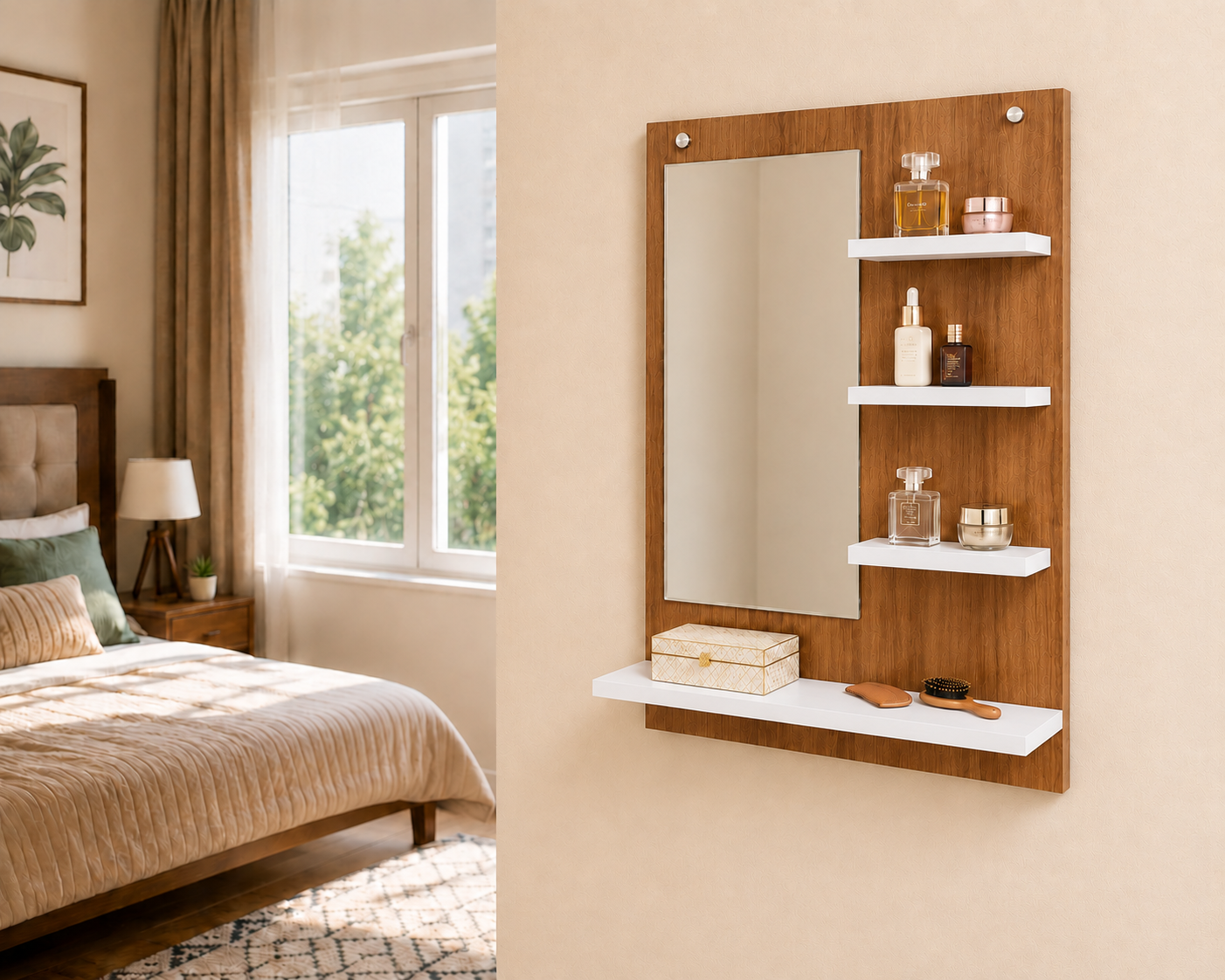 PEDPIX Wall-Mounted Dressing Mirror with Storage Shelves | 80 × 60 cm Space-Saving Vanity Mirror | Engineered Wood | Bedroom & Dressing Room Organizer