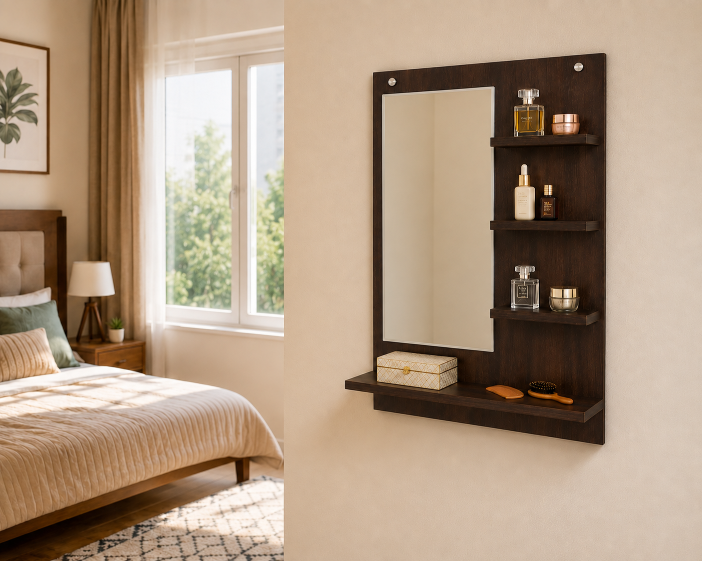 PEDPIX Wall-Mounted Dressing Mirror with Storage Shelves | 80 × 60 cm Space-Saving Vanity Mirror | Engineered Wood | Bedroom & Dressing Room Organizer