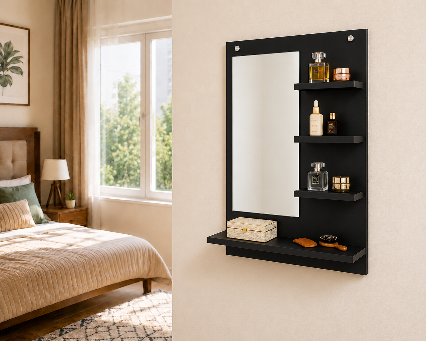 PEDPIX Wall-Mounted Dressing Mirror with Storage Shelves | 80 × 60 cm Space-Saving Vanity Mirror | Engineered Wood | Bedroom & Dressing Room Organizer