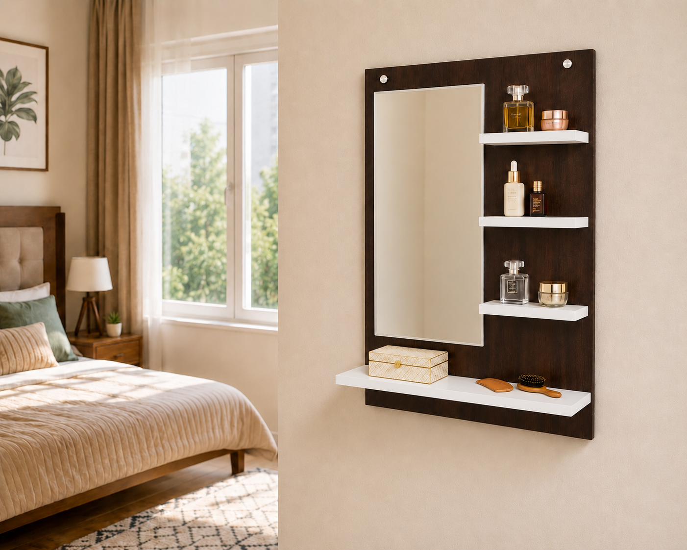 PEDPIX Wall-Mounted Dressing Mirror with Storage Shelves | 80 × 60 cm Space-Saving Vanity Mirror | Engineered Wood | Bedroom & Dressing Room Organizer